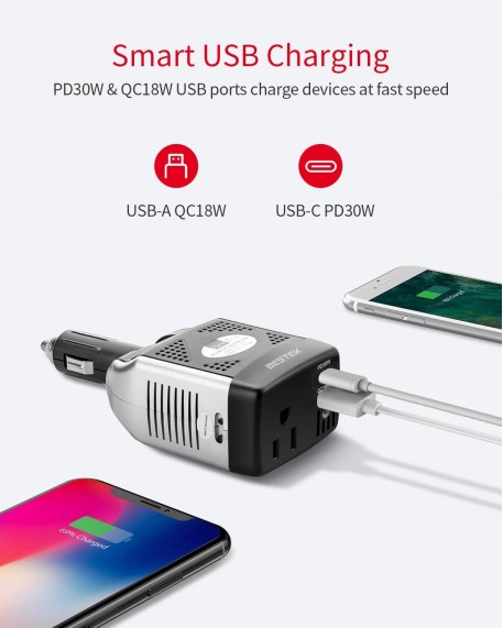 BESTEK 150W Power Inverter with PD 30W and QC 18W Dual Charging Ports